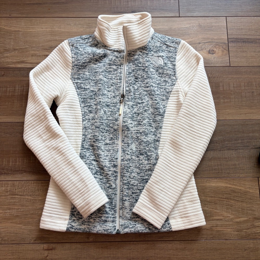 The North Face Womens Full Zip Fleece Jacket Grey Cream Ribbed Mixed Media Small